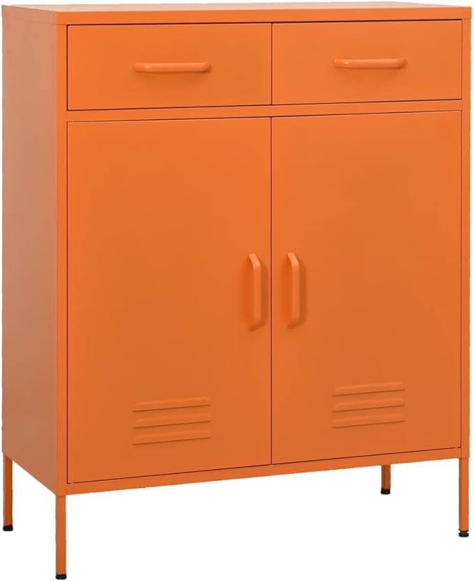 Modern Steel Storage Cabinet with Fully Extendable Drawers and Adjustable Shelves in Bright Orange Finish for Living Area or Office Organization