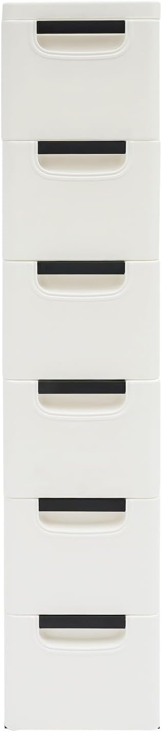 6 Drawers Narrow Storage Cabinet, Stackable Plastic Storage Tower Slim Utility Organizer for Kitchen Bathroom Living Room Office (White)