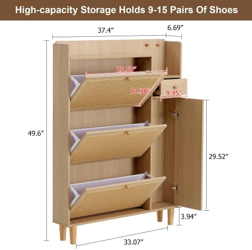 GIA Modern Minimalist Storage Cabinet with Rattan Design, Natural, 4-Door