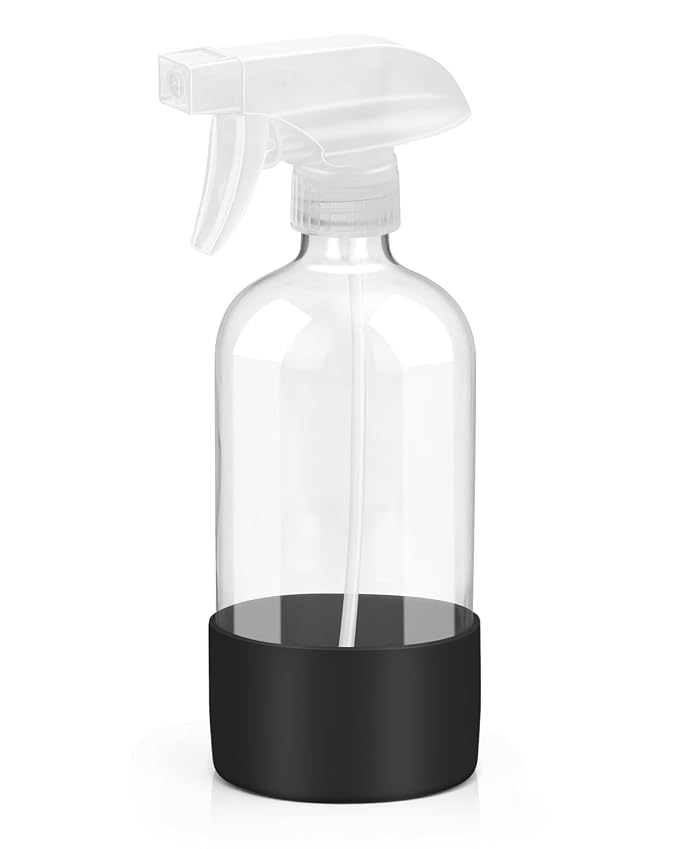 Rionisor Glass Spray Bottles with Silicone Sleeve Protection, Empty 16OZ Reusable Spray Bottles, Refillable Containers with Spray Nozzles for Cleaning Solutions, Plants and Essential Oils 1 Pack Black
