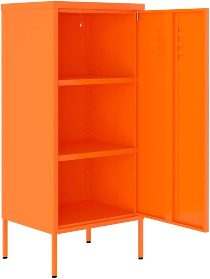 Modern Storage Cabinet with Adjustable Shelves, Orange Metal Design for Living Room and Bedroom Organization, Spacious Free-Standing Furniture for Books and Small Items