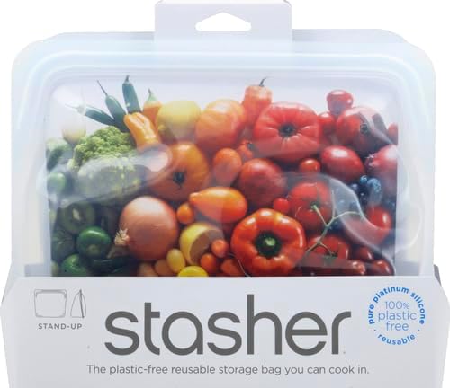 Stasher Platinum Silicone Food Grade Reusable Storage Bag, Clear (Stand-Up Mid) | Reduce Single-Use Plastic | Cook, Store, Sous Vide, or Freeze | Leakproof, Dishwasher-Safe, Eco-friendly | 56 Oz