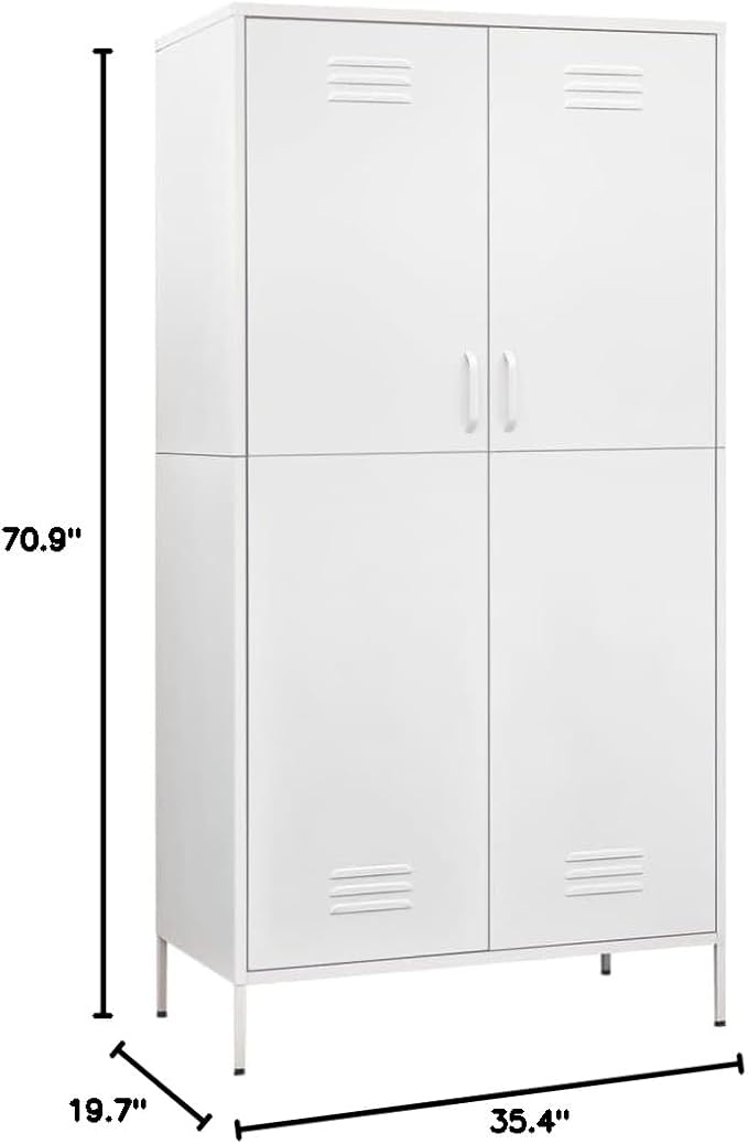Metal Side Storage Cabinet Organizer, Employees Locker Industrial Steel Storage Cabinet with, 4 Adjustable Shelves for Office, Garage, Home 35.4"x19.7"x70.9" White -AA