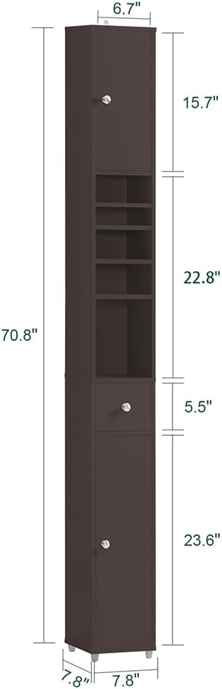 SoBuy Bathroom Storage Cabinet Adjustable Shelves, Tall Narrow, Brown | Freestanding Cupboard With Adjustable Shelves, Space-Saving Storage For Tiny Bathroom Gaps, BZR34-BR