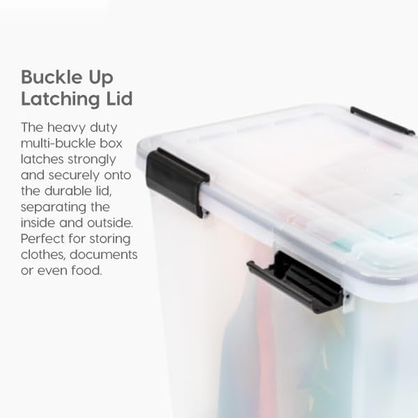IRIS USA WeatherPro Storage Bins with Lids, 63 Qt, Gasket Seal, 2 Pack | BPA-free gasket seal helps protect documents, clothing, pet food, crafts, and household supplies from dust and moisture.