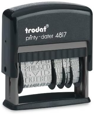 Trodat Rotating Stock Message Phrase Dater Self-Inking Rubber Stamp - Answered, Checked, Back Ordered, Delivered, Cancelled, Entered, Billed, Paid, Received, Shipped, Charged, FAXED (Blue)