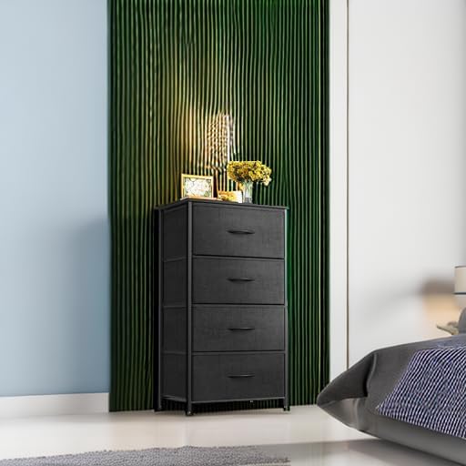 ODK Small Dresser for Bedroom with 4 Storage Drawers, Black | Dresser Chest of Fabric Drawers with Sturdy Steel Frame for Small Space, Wood Top