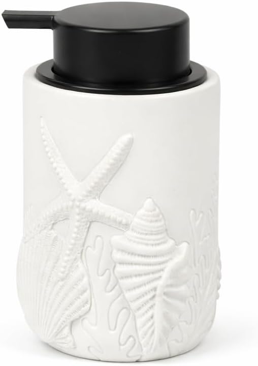 Resin Soap Dispenser, Coastal Starfish & Seashell, 12 oz | Refillable bathroom soap dispenser with durable resin body and coastal starfish and seashell design for hand soap or lotion