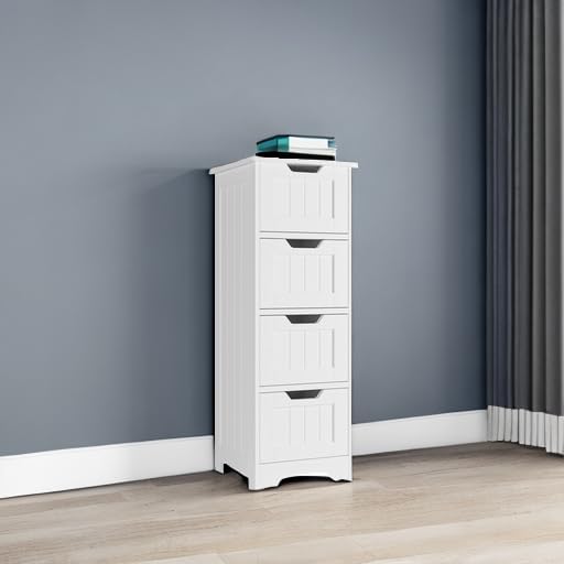 FOTOSOK Bathroom Storage Cabinet, Bathroom Cabinet with 4 Drawers, 11.8 x 11.8 x 32.5 Inches Small Bathroom Storage Cabinet, Freestanding Floor Bathroom Organizers and Storage for Entryway, White