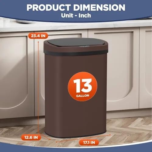 13 Gallon Automatic Trash Can with Lid, Touch Free Stainless Steel Kitchen Trash Can Touchless Garbage Can 50L High Capacity Electronic Sensor Trash Bin Waste Bin for Room Kitchen Office (Brown)
