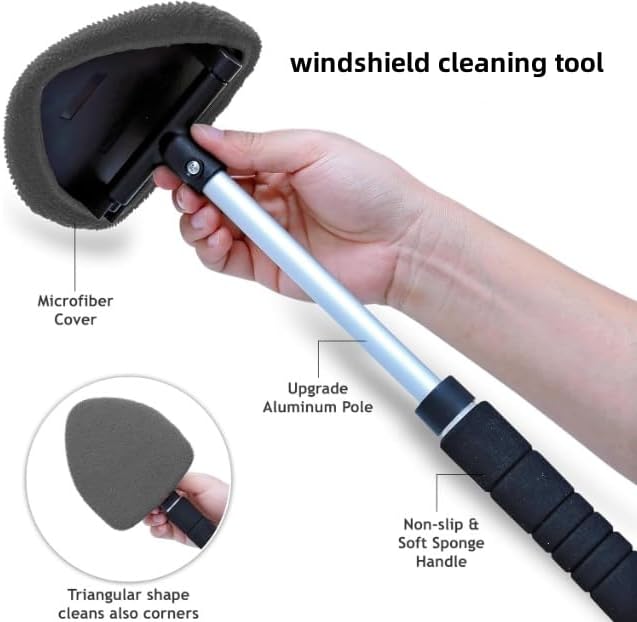 IBHOO Windshield Cleaning Tool, Microfiber Car Window Cleaner with 4 Reusable and Washable Microfiber Pads and Extendable Handle