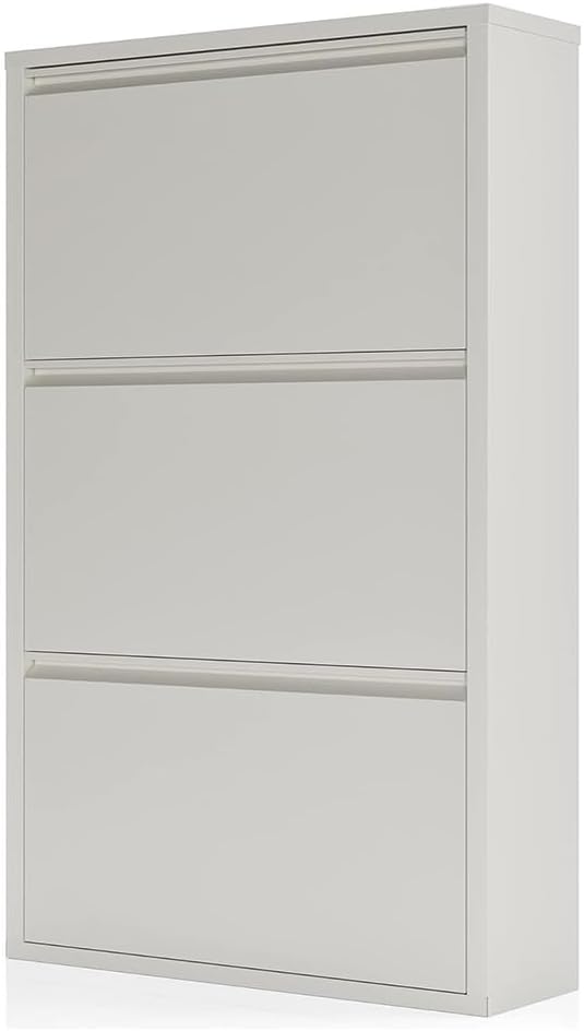 Shoe Storage Cabinet with 3 Flip Drawers, Hidden Slim Narrow Shoe Rack Cabinet, Wall Mount Metal Shoe Cabinet for Entryway, White
