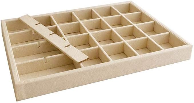 Premium Grade Beige Velvet Jewelry Organization Tray 24 Grids Removable and Rearrangeable Dividers Drawer Insert Closet Organizer Stackable
