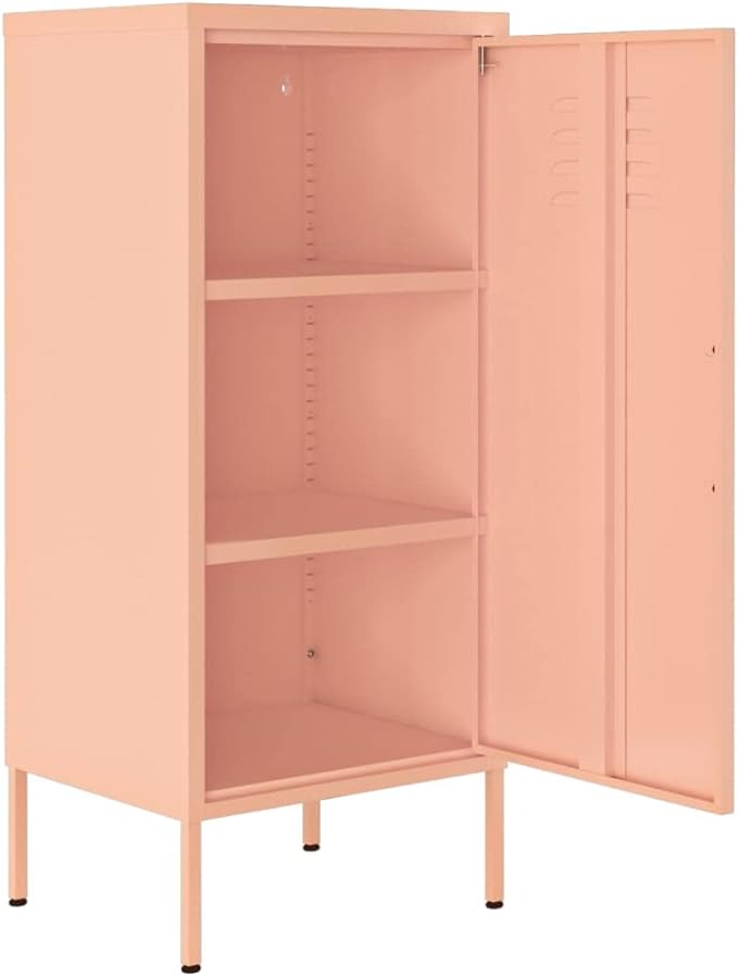 Modern Pink Steel Storage Cabinet with Adjustable Shelves, 40 Inch Tall Rectangular Design for Books DVDs Display, Sturdy Metal Organizer with Wall-Mount Safety Feature, Easy