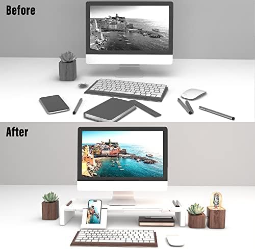 OImatser Monitor Stand Riser with USB 3.0 Hub & Type-C Port, Foldable Adjustable Computer Stand with Storage Drawer, Pen Slot & Phone Holder, Space Saving Laptop Stand for Home Office Desk Organization (White-3.0 HUB-Adapter)