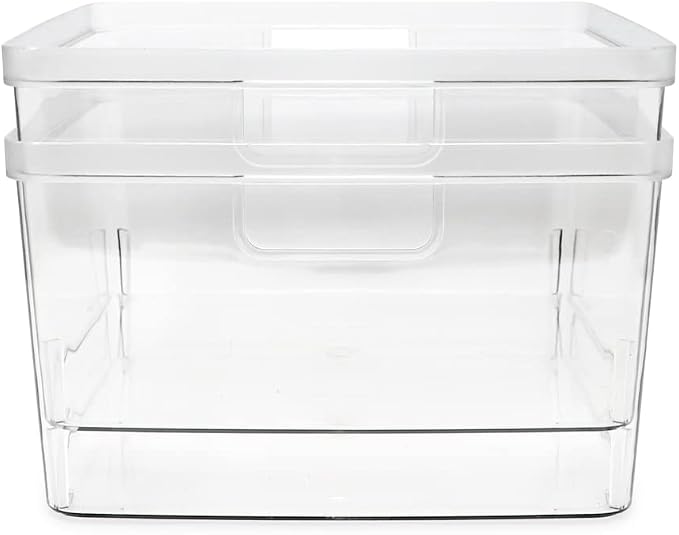 Isaac Jacobs 2-Pack Square Clear Storage Bins (10” L x 10” W x 6.1” H) w/Cutout Handles, Plastic Organizer for Home, Office, Kitchen, Fridge/Freezer, Bathroom, BPA Free, Food Safe (2-Pack, Square)