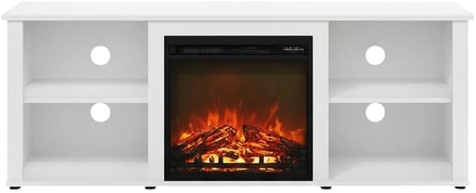 Furnifact White TV Stand with Fireplace, 60 Inch Modern Media Console with Wood Construction, Durable Build and Elegant Living Room Entertainment Design