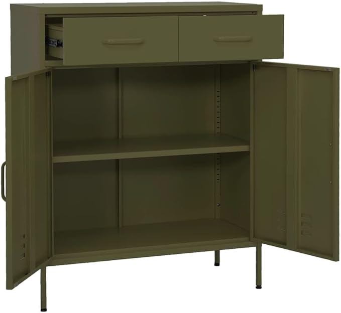 Olive Green Steel Storage Cabinet with Adjustable Shelf and Two Drawers, 31.5 x 13.8 x 40.0 Inches, Durable Metal Organizer for Home Office, Smooth Ball Bearing Glide System,