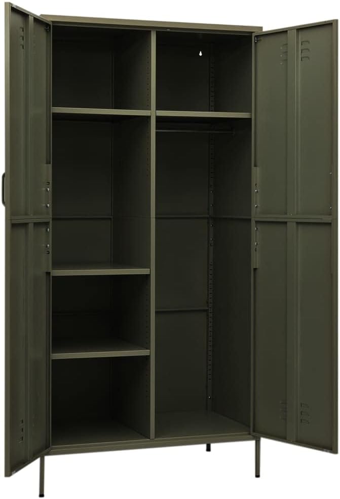 Metal Wardrobe Storage Cabinet,Employees Locker Wardrobe Industrial Steel Storage Cabinet with Hanging Rod, 4 Adjustable Shelves for Office, Garage, Home 35.4"x19.7"x70.9" Olive Green -AA