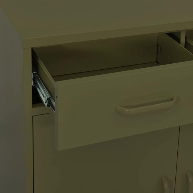 Olive Green Steel Storage Cabinet with Adjustable Shelf and Two Drawers, 31.5 x 13.8 x 40.0 Inches, Durable Metal Organizer for Home Office, Smooth Ball Bearing Glide System,
