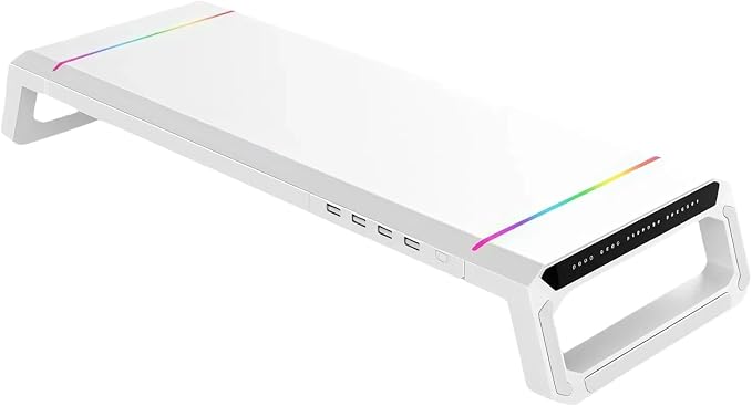 Monitor Stand Riser for Desk, Foldable Computer Monitor & Laptop Stand with Drawer, 4 USB 2.0 Ports, RGB Lighting, Phone & Tablet Holder, 72 lb Capacity (White)