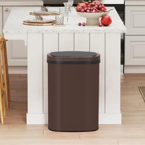 13 Gallon Automatic Trash Can with Lid, Touch Free Stainless Steel Kitchen Trash Can Touchless Garbage Can 50L High Capacity Electronic Sensor Trash Bin Waste Bin for Room Kitchen Office (Brown)