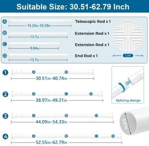 Tension Curtain Rod,31-62 Inches White Shower Rod | No Drilling Installation,11 lbs Max Load,7/8inch Spring Rod Diameter, Adjustable for Doorway, Closet, Kitchen,Bathroom