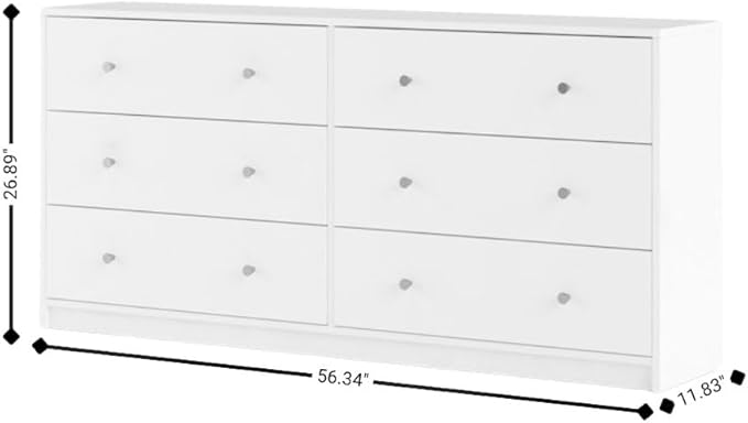 Furnifact White 6 Drawer Double Dresser – Modern Bedroom Storage Organizer with Pewter Knobs, Smooth Glide Drawers, Scandinavian Style, Engineered Wood