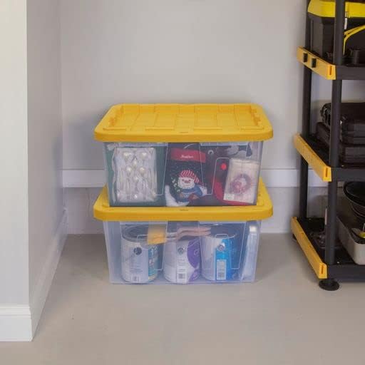 CX BLACK & YELLOW 27-Gallon Heavy Duty Clear Stackable Storage Bins with Lids, Dorm Room Essentials, Dorm Storage, Moving Boxes, Back to School, Classroom Organization, Home Organization, 2 Pack (14.3H x 20.6W x 30.6D)