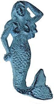 Rustic Dark Blue Whitewashed Cast Iron Mermaid Hook 6" - Nautical Home Decorati