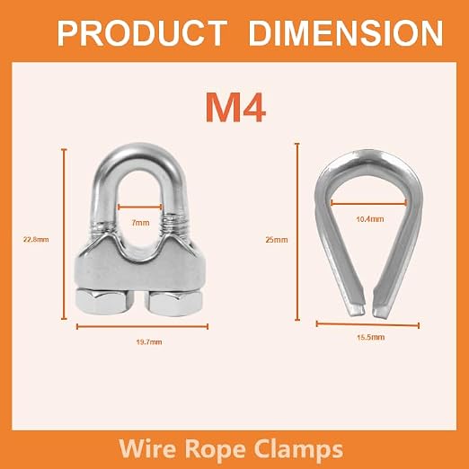 8 Pcs M4 Cable Clamps,Wire Rope Clamp,4 Pcs 5/32" Thimble | Stainless Steel Smooth Rods for Industry, Metal Working Hobbies and DIY Craft