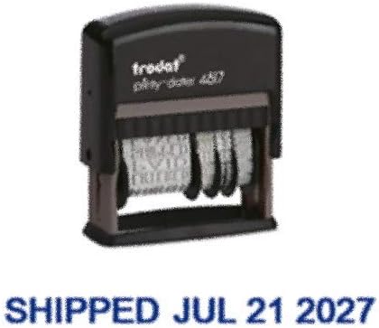 Trodat Rotating Stock Message Phrase Dater Self-Inking Rubber Stamp - Answered, Checked, Back Ordered, Delivered, Cancelled, Entered, Billed, Paid, Received, Shipped, Charged, FAXED (Blue)
