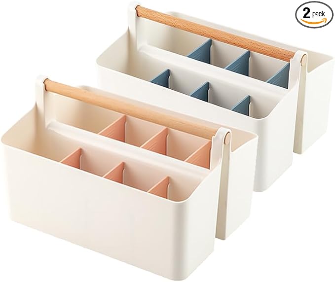 Vidifor 2 pcs Large Art Caddy Tote with Handle, DIY Divided Basket, Desk and Dorm Caddy for Craft Supplies, Colored Pencils, Markers, Makeup, Office Storage Supplies (Pink/Blue Dividers)