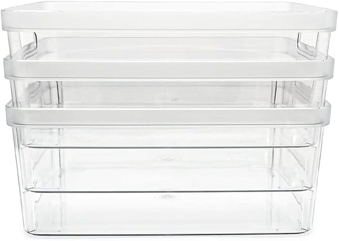 Isaac Jacobs 3-Pack Medium Clear Storage Bins (8” L x 10” W x 4.25” H) w/Cutout Handles, Plastic Organizer for Home, Office, Kitchen, Fridge/Freezer, Bathroom, BPA Free, Food Safe (3-Pack, Medium)