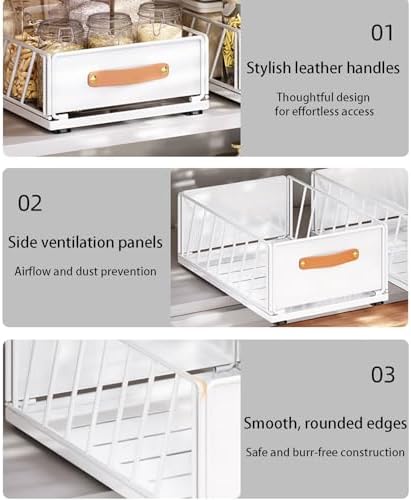 2 Pack Carbon Steel Slide Out Cabinet Organizer, Heavy Duty Pull Out Pantry Shelves, Foldable Mesh Storage Baskets for Kitchen, Bathroom, Home, Closet