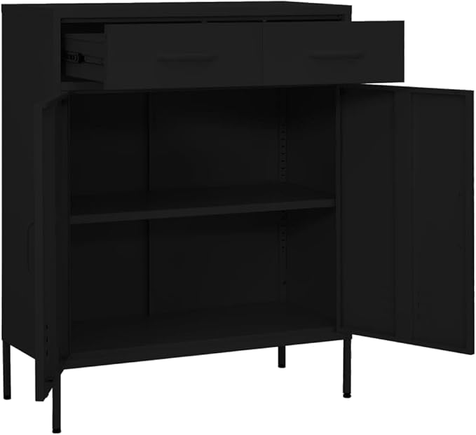 Black Steel Storage Cabinet with Medium Height-Adjustable Shelves, Modern Design for Living Room and Office Organization, Durable Metal Furniture with Wall Mounting Kit