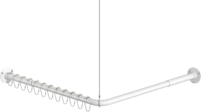 L Shaped Shower Curtain Rods, Adjustable (23''-69'' X 23''-69'') Corner Shower Rod with 12 Shower Curtain Rings, All 304 Stainless Steel, for Bathroom, Bathtub, Clothing Store, Need to Drill, White
