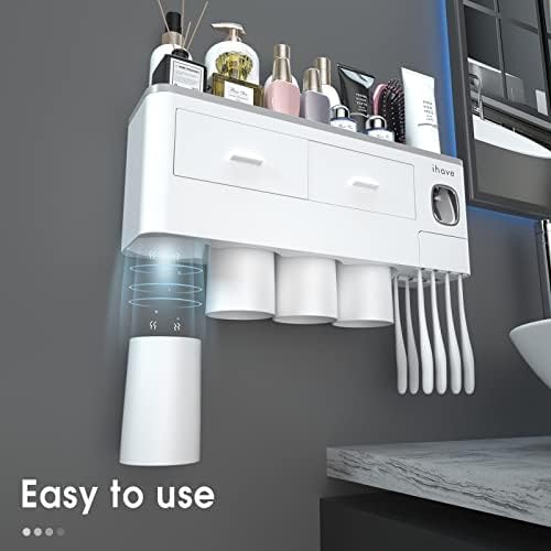 iHave Toothbrush Holders Wall Mounted with Toothpaste Dispenser & 4 Cups | All-in-One Bathroom Organizer: 4 Cups, 7 Slots, Toothpaste Dispenser, Large Tray & Drawer. Wall Mount, No Drilling Required