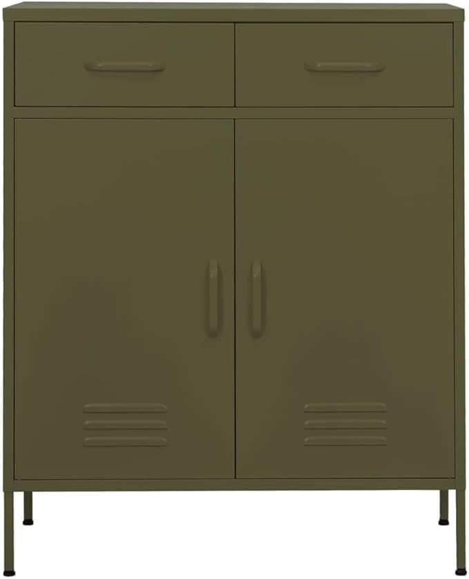 Olive Green Steel Storage Cabinet with Adjustable Shelf and Two Drawers, 31.5 x 13.8 x 40.0 Inches, Durable Metal Organizer for Home Office, Smooth Ball Bearing Glide System,