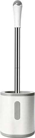 AONEZ Compact Toilet Brush & Holder, Stainless Steel Handle, Space Saving for Storage, Deep Cleaning, Drip-Proof, Easy to Assemble, Nylon Bristles, White & Grey