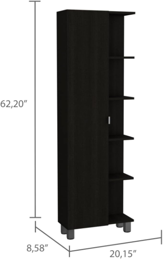 Hassyee Modern Design Linen Cabinet with Four Exterior Open Shelves for Generous Storage, Floor Display Cabinet with Three Interior Adjustable Shelves