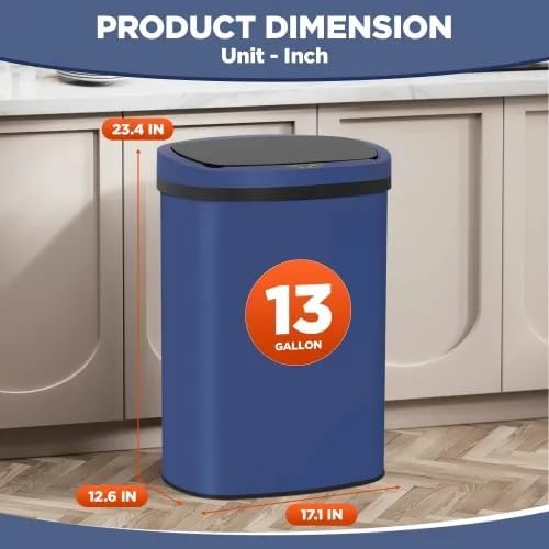 13 Gallon Automatic Trash Can with Lid, Touch Free Stainless Steel Kitchen Trash Can Touchless Garbage Can 50L High Capacity Electronic Sensor Trash Bin Waste Bin for Room Kitchen Office (Deep Blue)