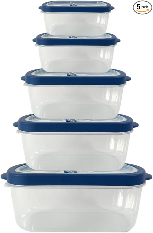 10-Piece Rectangle Food Storage Containers with Vented Lids, Airtight and BPA Free, Stackable, Microwave, Freezer, and Dishwasher Safe (BLUE)
