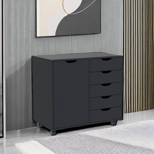Naomi Home Wooden 5 Drawer Dresser with Cabinet Shelves and Wheels, Drawer Dresser for Bedroom Closet and Dressing Room Storage in Black