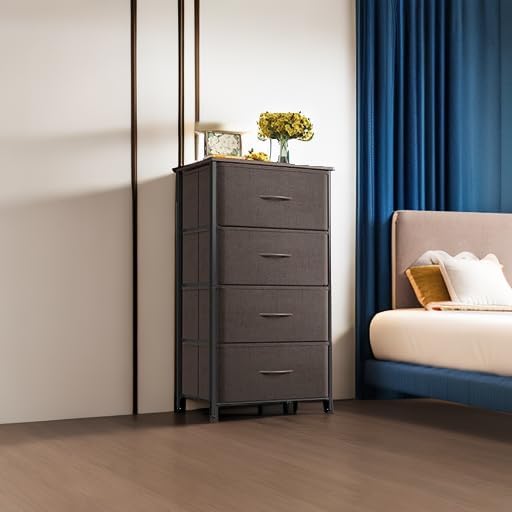 ODK Small Dresser for Bedroom with 4 Storage Drawers, Brown | Dresser Chest of Fabric Drawers with Sturdy Steel Frame for Small Space, Wood Top