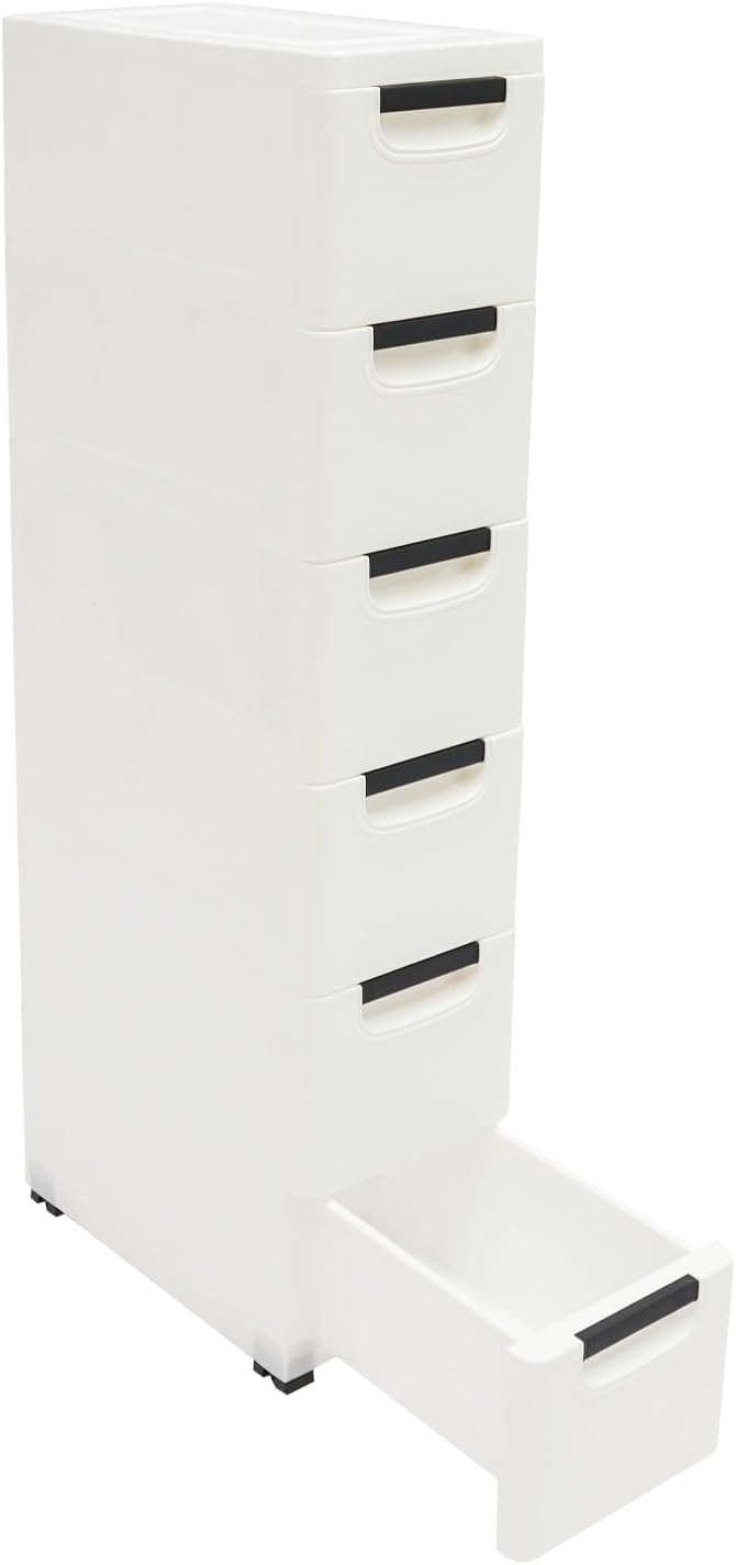 6 Drawers Narrow Storage Cabinet, Stackable Plastic Storage Tower Slim Utility Organizer for Kitchen Bathroom Living Room Office (White)