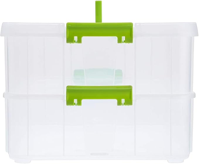 BTSKY 2 Layer Stack & Carry Box, Plastic Multipurpose Portable Storage Container Box Handled Organizer Storage Box for Organizing Stationery, Sewing, Art Craft, Jewelry and Beauty Supplies Green
