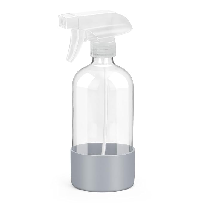 Rionisor Glass Spray Bottles with Silicone Sleeve Protection, Empty 16 oz Refillable Containers, Reusable Spray Bottles with Adjustable Nozzle for Hair, Cleaning Solutions, Essential Oils 1 Pack Grey