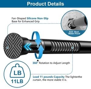 Tension Curtain Rod,31-62 Inches Black Shower Rod | No Drilling Installation,11 lbs Max Load,7/8inch Spring Rod Diameter, Adjustable for Doorway, Closet, Kitchen,Bathroom