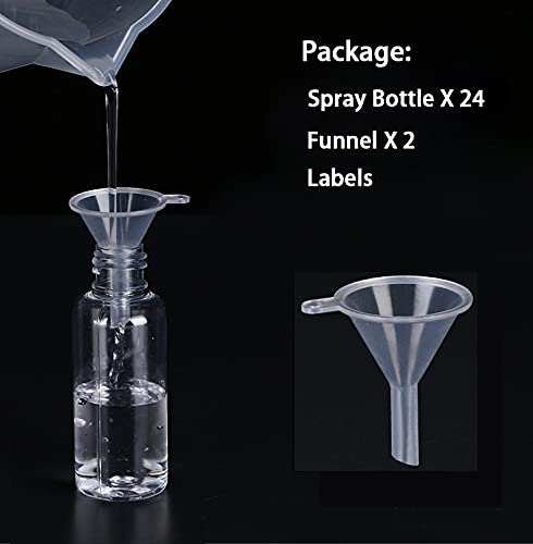 Spray Bottles, 24 Pack 50 Milliliter 2 Ounce Clear Empty Fine Mist Plastic Mini Travel Bottle Set, Small Refillable Liquid Containers